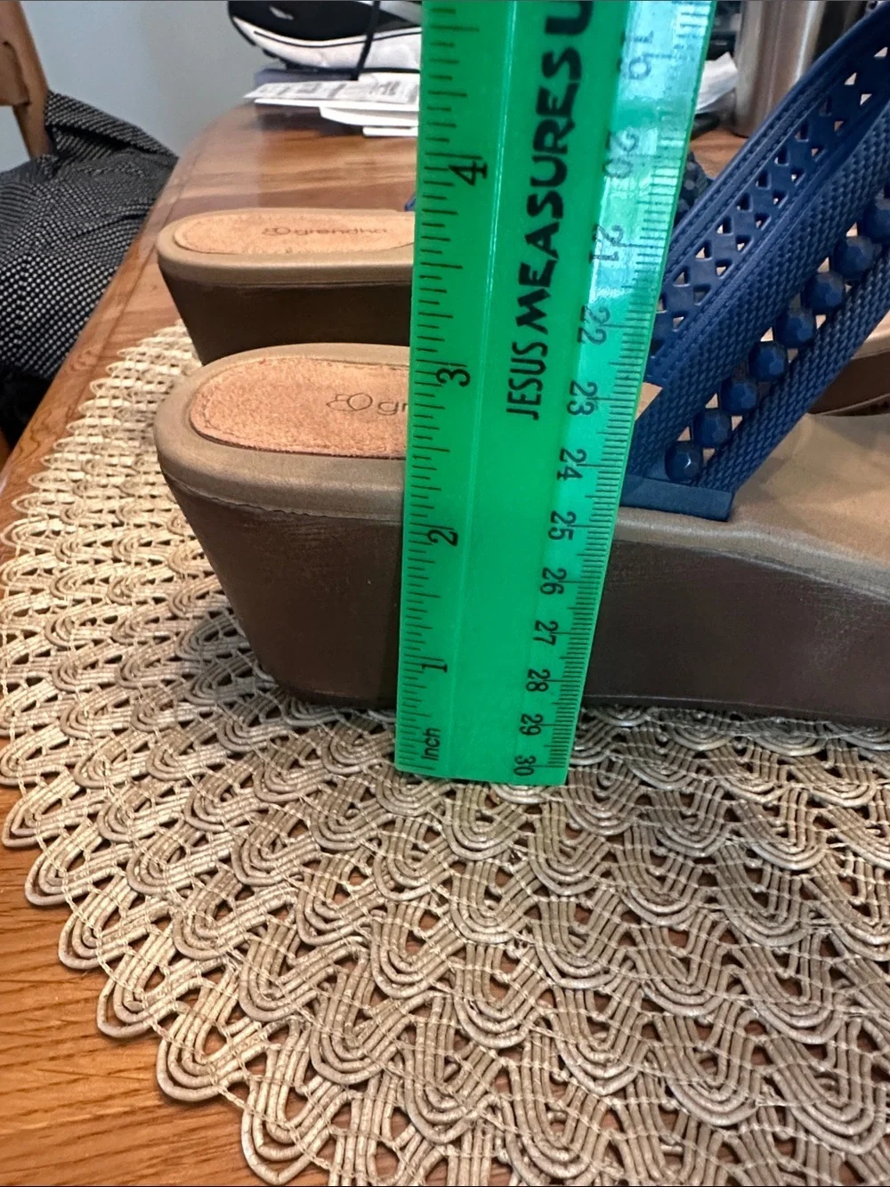 Grendha Wedge Thong Sandals in Navy and Tan with Decorative Accents